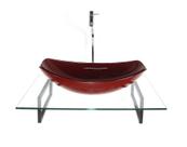 Kit cuba de vidro oval chanfrada vermelho cereja com tampo 60cm incolor e suporte preto