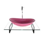 Kit cuba de vidro oval rosa com tampo 60cm incolor e suporte preto