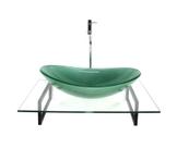 Kit cuba de vidro oval verde com tampo 60cm incolor e suporte preto