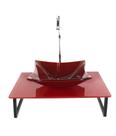Kit cuba de vidro quadrada 10mm com tampo 50cm vermelho cereja full e suporte preto