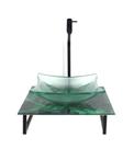Kit cuba de vidro quadrada 10mm incolor com tampo de vidro 40cm x 40cm mármore verde e suporte preto