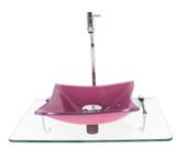 Kit cuba de vidro quadrada 10mm rosa com tampo 50cm incolor e suporte cromado