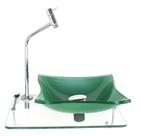 Kit cuba de vidro quadrada 10mm verde com tampo 40cm incolor e suporte cromado
