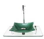 Kit cuba de vidro quadrada 10mm verde com tampo 50cm incolor e suporte cromado