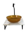 Kit cuba de vidro redonda 10mm com tampo de vidro 40cm x 40cm mármore branco dourado e suporte preto