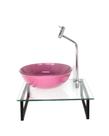 Kit cuba de vidro redonda 10mm rosa tampo 40cm incolor com suporte torneira valvula