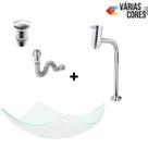 Kit Cuba de Vidro Temperado Lótus 38cm com Torneira Link Alta + Válvula Click + Sifão Universal para Banheiros e Lavabos - Várias Cores