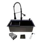 Kit cuba gourmet aço inox 304 60x40cm com torneira preta com dispenser