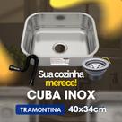 KIT Cuba Retangular Inox Tramontina 40x34x14,5 cm Válvula Sifão Pia de Cozinha Aço Inoxidável Embutir