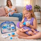 Kit Cuidados com Bebê azul Acessórios para Boneca Fralda Mamadeira mágica Bolsa Infantil ED Brinquedos adesivos copo suco magico chupeta prendedor