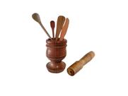 Kit Culinário De Pau Madeira Pilão Colher Espátula Faquinha
