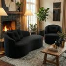 Kit de 01 Sofá Orgânico Curvo Feijão + 01 Poltrona Confortável Sala Estúdio Amore Bouclê Preto - Montanari s Decor