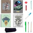 Kit de 4 Cadernos com 96 Folhas e Material Escolar com Lapiseira, Grafite, Canetas, Marca Texto, Borracha e Estojo