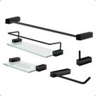 Kit de Acessórios Duplo para Banheiro Quadrado Prateleira 5 Peças Modelo Troia Preto Fosco 2100TR