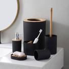 Kit de Acessórios para Banheiro 6 Peças com Lixeira Saboneteira Escova Sanitária e Tampa de Bambu