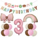 Kit de balão genérico de 3º aniversário com laço rosa e arco-íris