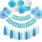Kit de balões branco, azul, 28 unidades com banner, borlas, papel, Pom P