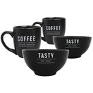 Kit De Canecas Em Porcelana Preta 300ml Com Bowls 440ml Para Sopa 4 Peças