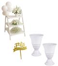 Kit de Decoração Completo para Aniversário 1 Escadinha, 2 Vasos Decorativos e Topo de Bolo Personalizado