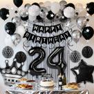 Kit de Decoração de Festa RBYOO para 24º Aniversário em Preto, Branco e Prata