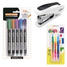 Kit de Escritório Jocar Office: 5 Marcadores com Contorno, Grampeador de Metal e Marca-Texto