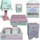 Kit de Higiene bebê mdf menina - Nuvem branco tampas rosa bb Kit de Higiene bebê mdf menina - Nuvem branco tampas rosa bb
