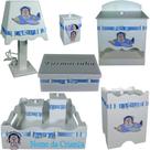Kit de Higiene bebê mdf menino - urso aviador branco e azul bb