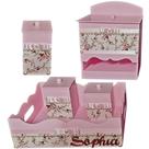 Kit de Higiene de bebê madeira Mdf Menina 5 pçs - ROSA E BRANCO FLORIDO COM PÉROLAS