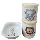 Kit de Higiene para Bebê 3 Peças Safari - Potes de Porcelana e Molhadeira com Tampas de Pinus