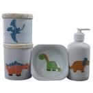 Kit de Higiene para Bebê Dinossauro - 4 Peças em Porcelana com Tampas de Pinus