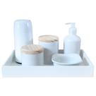 Kit de Higiene para Bebê Liso com 6 Peças em Porcelana e Bandeja de Pinus