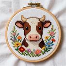 Kit de ponto cruz DIY Jersey Cow Flowers 20x20cm com argola