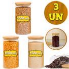 Kit de Potes Porta Mantimento Frasco De Vidro Herméticos Tampa de Bambu