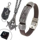 Kit de Pulseira de Couro Magnética Chaveiro Colar Marrom Maçonaria Liberdade Fraternidade Igualdade