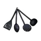 Kit de Talheres em Nylon Preto - Concha, Espumadeira, Colher e Espátula - Resistentes e Práticos!"