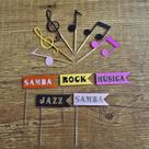 Kit de Topo para Doces no Tema Música - Notas Musicais e Bandeirinhas de Estilos - 11 Unidades