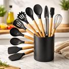 Kit de Utensilio de Cozinha Conjunto com 12 Peças em Silicone e Cabo de Madeira Preto