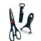 Kit de Utensílios de Cozinha 3 Peças Tesoura Descascador e Abridor em Aço Inox e ABS Preto