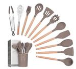 Kit de Utensílios de Cozinha Premium com 12 Peças em Silicone Cabo de Madeira