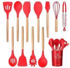 Kit de Utensílios Para Cozinha 12 Peças, de Silicone e Cabo de Madeira, Antiaderente. Possui Espátulas, Colheres, Pegadores, Fouet, Pincel e Suporte