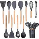 Kit de Utensílios Para Cozinha 12 Peças, de Silicone e Cabo de Madeira, Antiaderente. Possui Espátulas, Colheres, Pegadores, Fouet, Pincel e Suporte