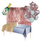 Kit Decoração Festa: 2 Cortinas Metalizadas + 2 Toalhas + 1 Balão Garrafa Champanhe + Balões = 6 Produtos