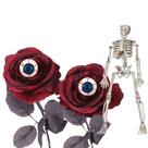 Kit Decoração Festa Halloween: Buquê 2 Rosas Vermelho Escura + 2 Olhos Zumbi + 1 Mini Esqueleto = 5 Produtos
