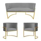 Kit Decorativo Poltrona e Namoradeira Luana Suede Cinza Base Metálica - Belliv Decor