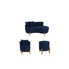 Kit Decorativo Sofá Curvo Orgânico + 01 Puff e Poltrona Luna Veludo Azul Marinho - Montanaris Decor