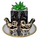 Kit Decorativo Vasinho C/ Suculenta Bandeja Passarinhos Luxo