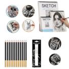 Kit Desenho Profissional Completo com Lápis 12 Grafite Caderno Sketchbook 3 Lápis Carvão Branco para Realismo Artístico -