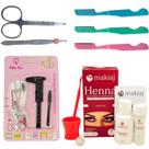 Kit Designer Sobrancelhas Henna Makiaj Pinça Tesoura Navalha Pincel Paquimetro 6 Moldes Sombrancelha