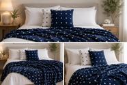 Kit dia das mae petit poa manta fleece com 4 porta almofada bolinhas azul marinho