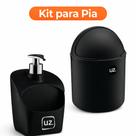 Kit Dispenser Porta Detergente Preto + Lixeira 4L De Pia Com Tampa Capacete Cozinha UZ Organizador